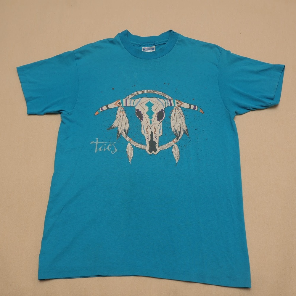 Vintage 80s Taos New Mexico T Shirt L Hanes USA Steer Skull Southwest Single Sti